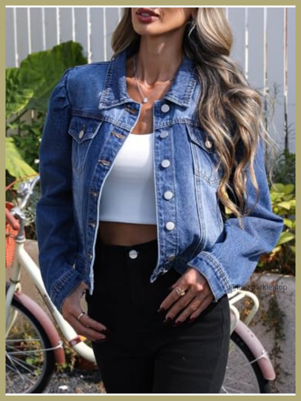 Womens Puff Sleeve Cropped Denim Jacket Button Down Long Sleeve Trendy Jean - Picture 3 of 6
